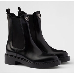 Prada Chocolate Brushed Leather Black Pull On Chelsea Ankle Mid Calf Boot 38.5